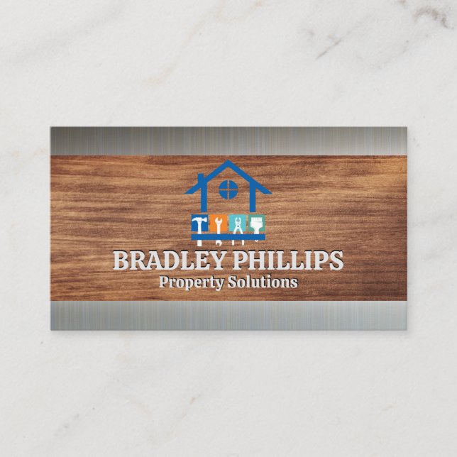 Property Repair Tools Logo | Wood Grain | Metal Business Card (Front)