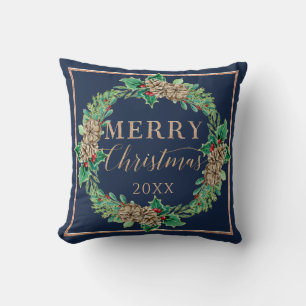 Proposal Navy Christmas Wreath Holly Leaf Greenery Cushion