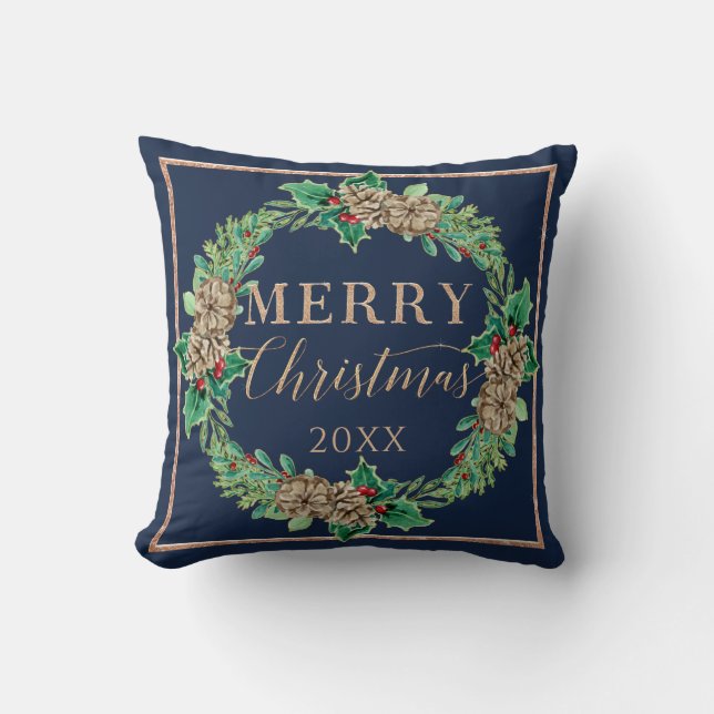 Proposal Navy Christmas Wreath Holly Leaf Greenery Cushion (Front)