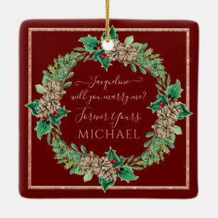 Proposal Red Christmas Wreath Holly Leaf Foliage Ceramic Ornament