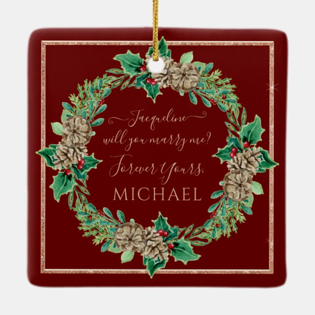 Proposal Red Christmas Wreath Holly Leaf Foliage Ceramic Ornament (Back)