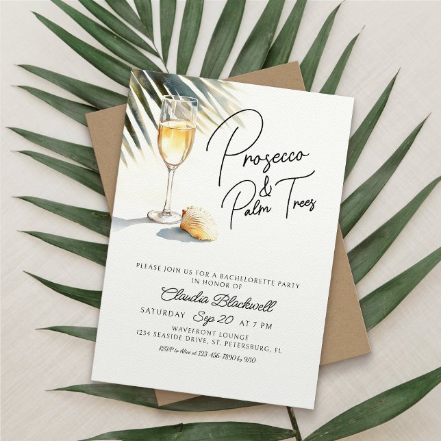 Prosecco Palm Trees Tropical Bachelorette Party Invitation (Creator Uploaded)
