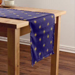 Prosperity Christmas Star-Gold Stars on Dark Blue Long Table Runner