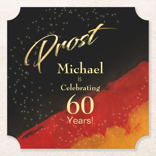 Prost 60th Birthday Black Red + Gold Name + Age Paper Coaster (Front)