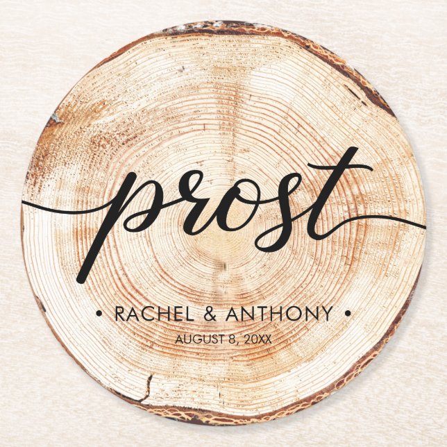 Prost German Wedding Wood Grain Round Custom Paper Coaster (Front)