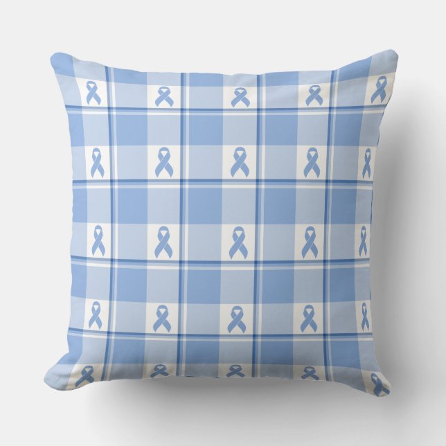 Prostate Cancer Awareness Plaid Light Blue Ribbon Cushion (Front)