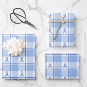 Prostate Cancer Awareness Plaid Light Blue Ribbon Wrapping Paper Sheet