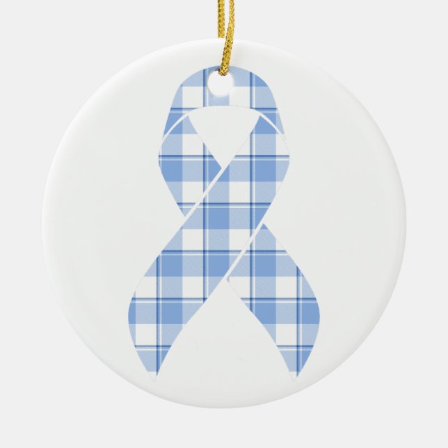 Prostate Cancer Survivor Plaid Light Blue Ribbon Ceramic Ornament (Front)