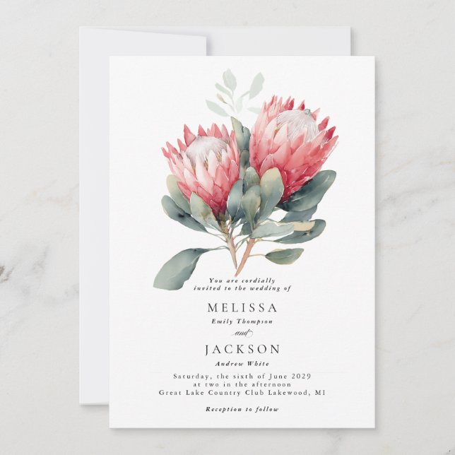 Protea Blush Watercolor Flowers Wedding Invitation (Front)