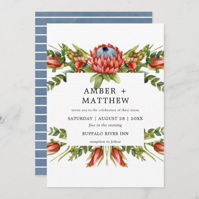 Protea Colourful Watercolor Flower Wedding Invites (Front/Back)