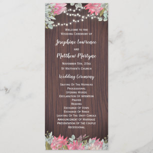 Protea Eucalyptus Foliage Lights Wood Wedding Program