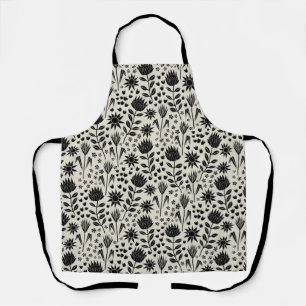 Protea Floral Block Print Millefleur black linen Apron