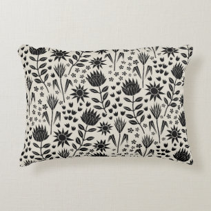 Protea Floral Block Print Millefleur black linen Decorative Cushion