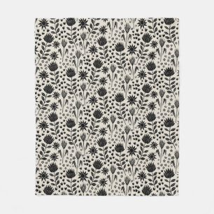 Protea Floral Block Print Millefleur black linen Fleece Blanket