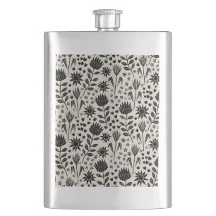 Protea Floral Block Print Millefleur black linen Hip Flask