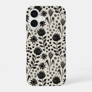 Protea Floral Block Print Millefleur black linen iPhone 16 Case