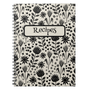 Protea Floral Block Print Millefleur black linen Notebook