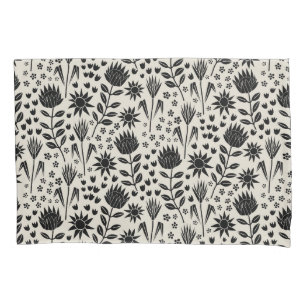 Protea Floral Block Print Millefleur black linen Pillowcase