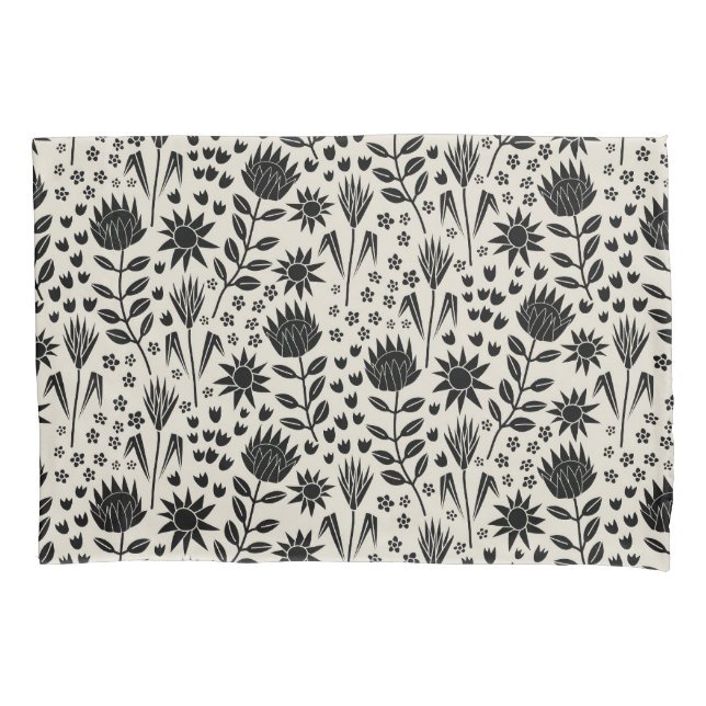 Protea Floral Block Print Millefleur black linen Pillowcase (Front-Left)
