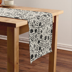 Protea Floral Block Print Millefleur black linen Short Table Runner