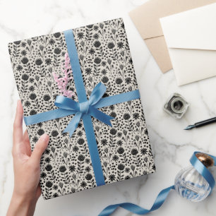 Protea Floral Block Print Millefleur black linen Wrapping Paper