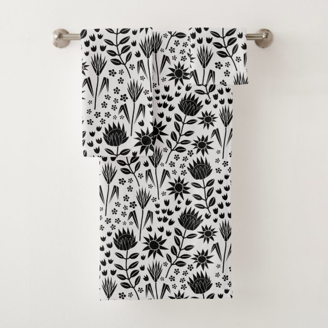 Protea Floral Block Print Millefleur black white Bath Towel Set (Insitu)