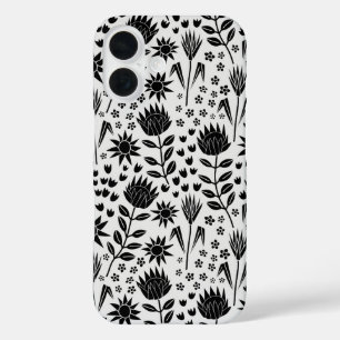 Protea Floral Block Print Millefleur black white iPhone 16 Case