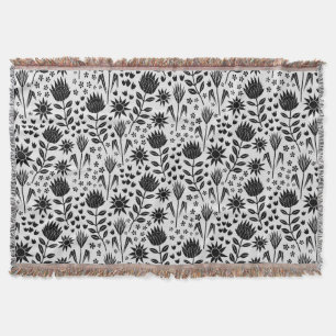 Protea Floral Block Print Millefleur black white Throw Blanket