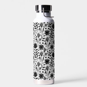 Protea Floral Block Print Millefleur black white Water Bottle