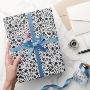 Protea Floral Block Print Millefleur black white Wrapping Paper