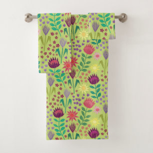 Protea Floral Block Print Millefleur cheery green Bath Towel Set