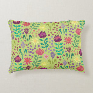 Protea Floral Block Print Millefleur cheery green Decorative Cushion