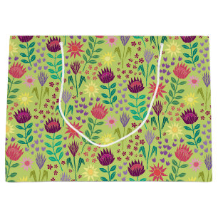 Protea Floral Block Print Millefleur cheery green Large Gift Bag