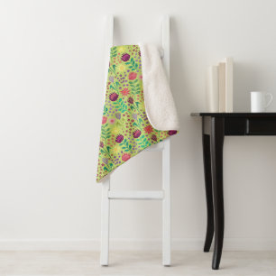 Protea Floral Block Print Millefleur cheery green Sherpa Blanket