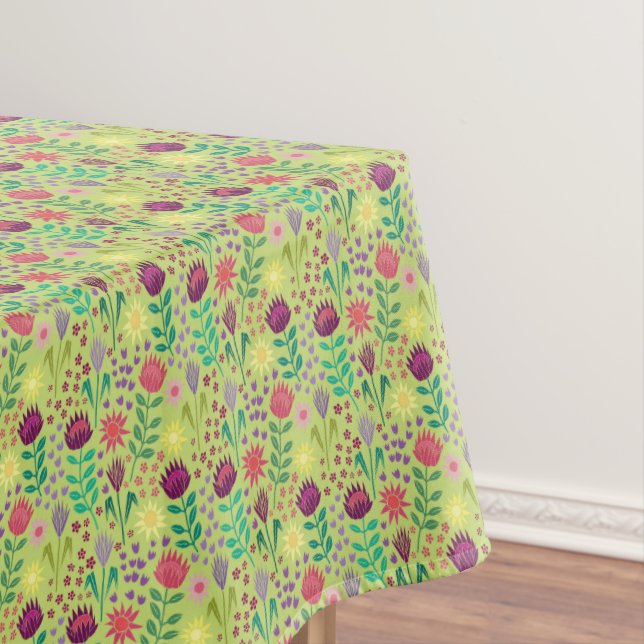 Protea Floral Block Print Millefleur cheery green Tablecloth (In Situ)