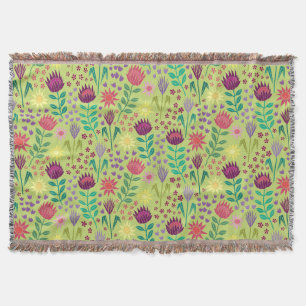 Protea Floral Block Print Millefleur cheery green Throw Blanket