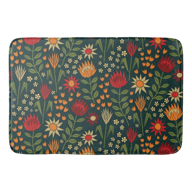 Protea Floral Block Print Millefleur darks Bath Mat (Front)