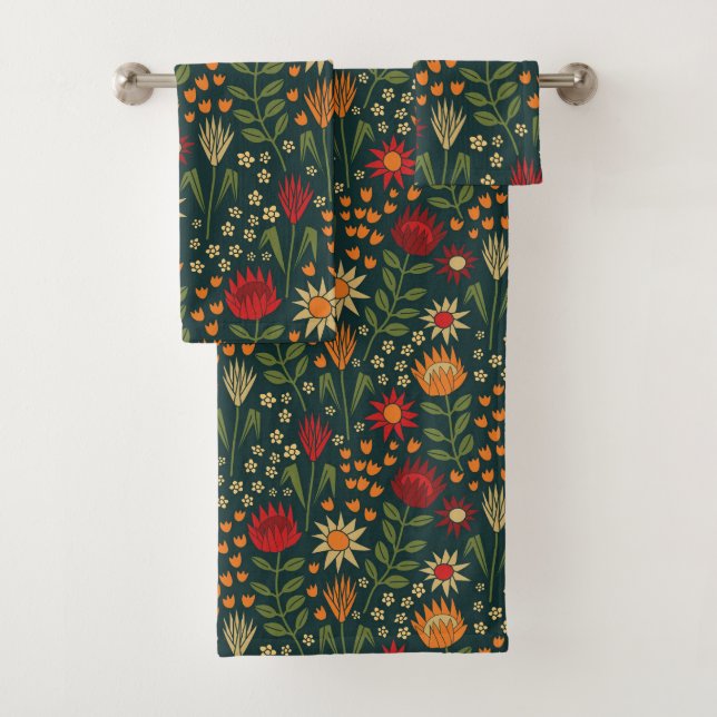 Protea Floral Block Print Millefleur darks Bath Towel Set (Insitu)