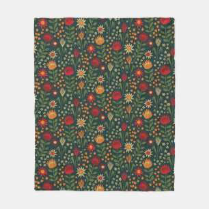 Protea Floral Block Print Millefleur darks Fleece Blanket