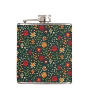 Protea Floral Block Print Millefleur darks Hip Flask