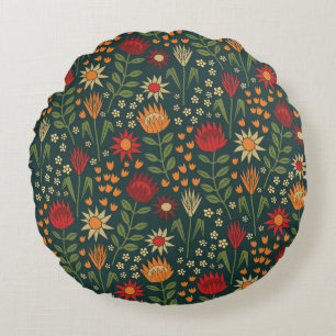 Protea Floral Block Print Millefleur darks Round Cushion
