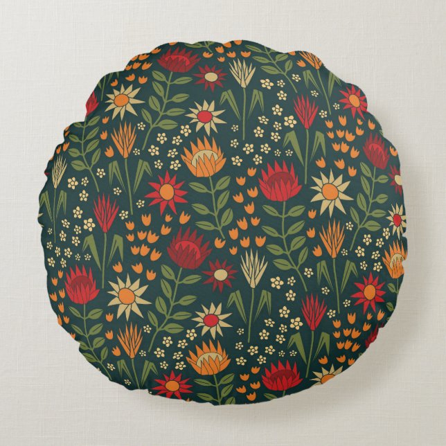 Protea Floral Block Print Millefleur darks Round Cushion (Front)
