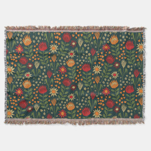 Protea Floral Block Print Millefleur darks Throw Blanket