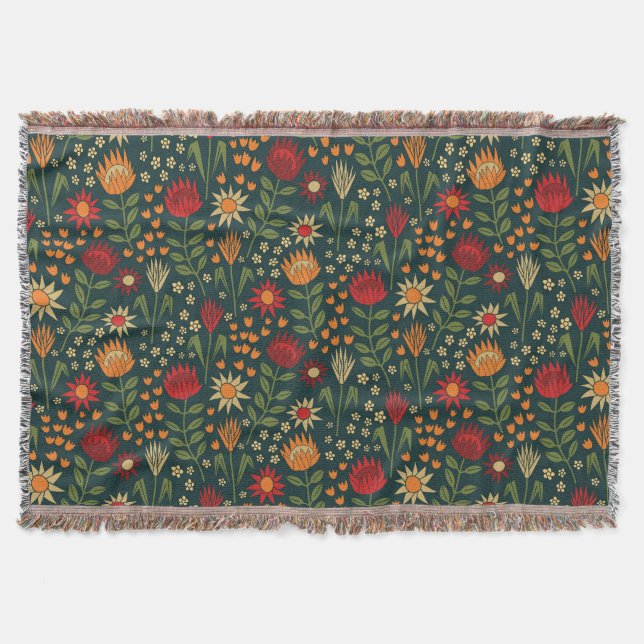 Protea Floral Block Print Millefleur darks Throw Blanket (Front)
