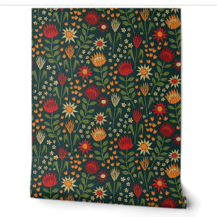 Protea Floral Block Print Millefleur darks Wallpaper