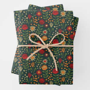 Protea Floral Block Print Millefleur darks Wrapping Paper Sheet