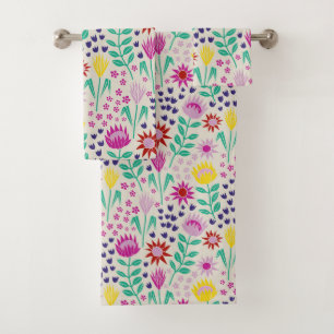 Protea Floral Block Print Millefleur lights Bath Towel Set