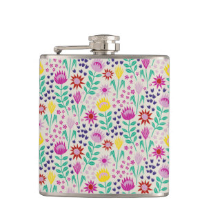 Protea Floral Block Print Millefleur lights Hip Flask