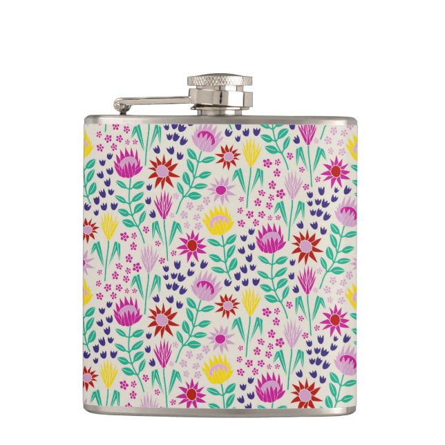 Protea Floral Block Print Millefleur lights Hip Flask (Front)