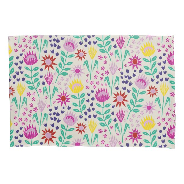 Protea Floral Block Print Millefleur lights Pillowcase (Front-Left)